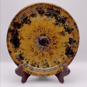 8” Handmade Pottery Splatter Plate, Gold with Deep Green and Red Accents, Signed